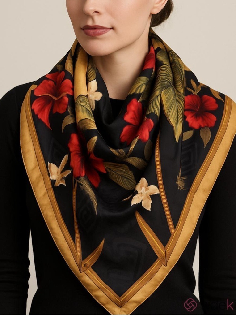 Tommy Bahamas silk scarf hand rolled edges tropical print navy blue beige 35x35